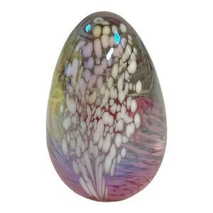 Vintage Art Glass Volcanic Ash Irridescent Pink Swirl Egg Paperweight 2.75”